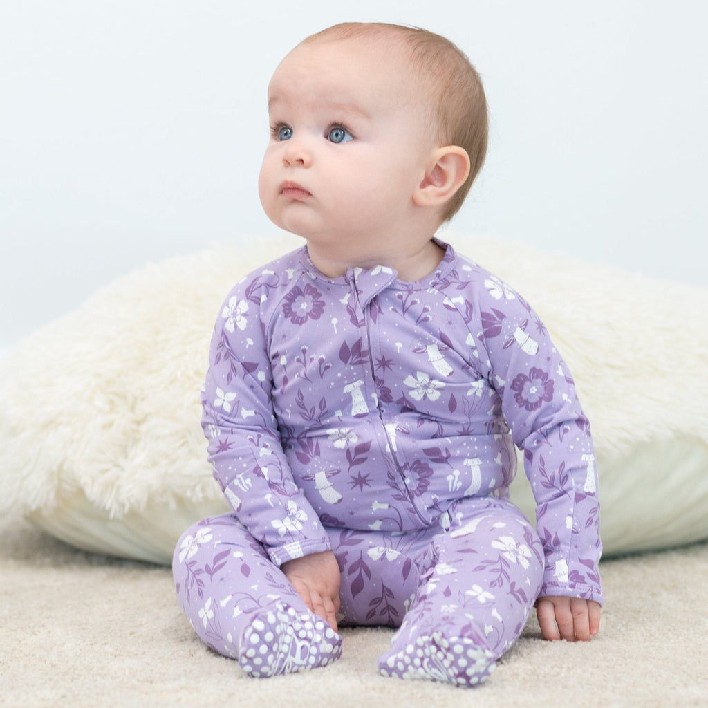 Girl's lavender mushroom floral zipper footie with white flowers, long sleeves, zipper front