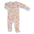 Floral zipper footie pajama for baby girl, long sleeves, pastel orange pink flowers