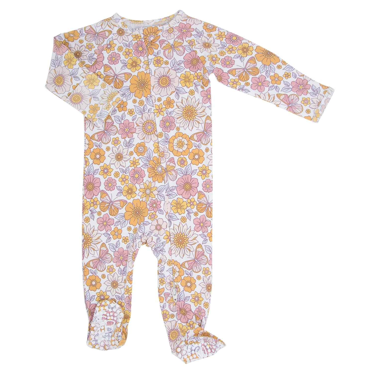 Floral zipper footie pajama for baby girl, long sleeves, pastel orange pink flowers