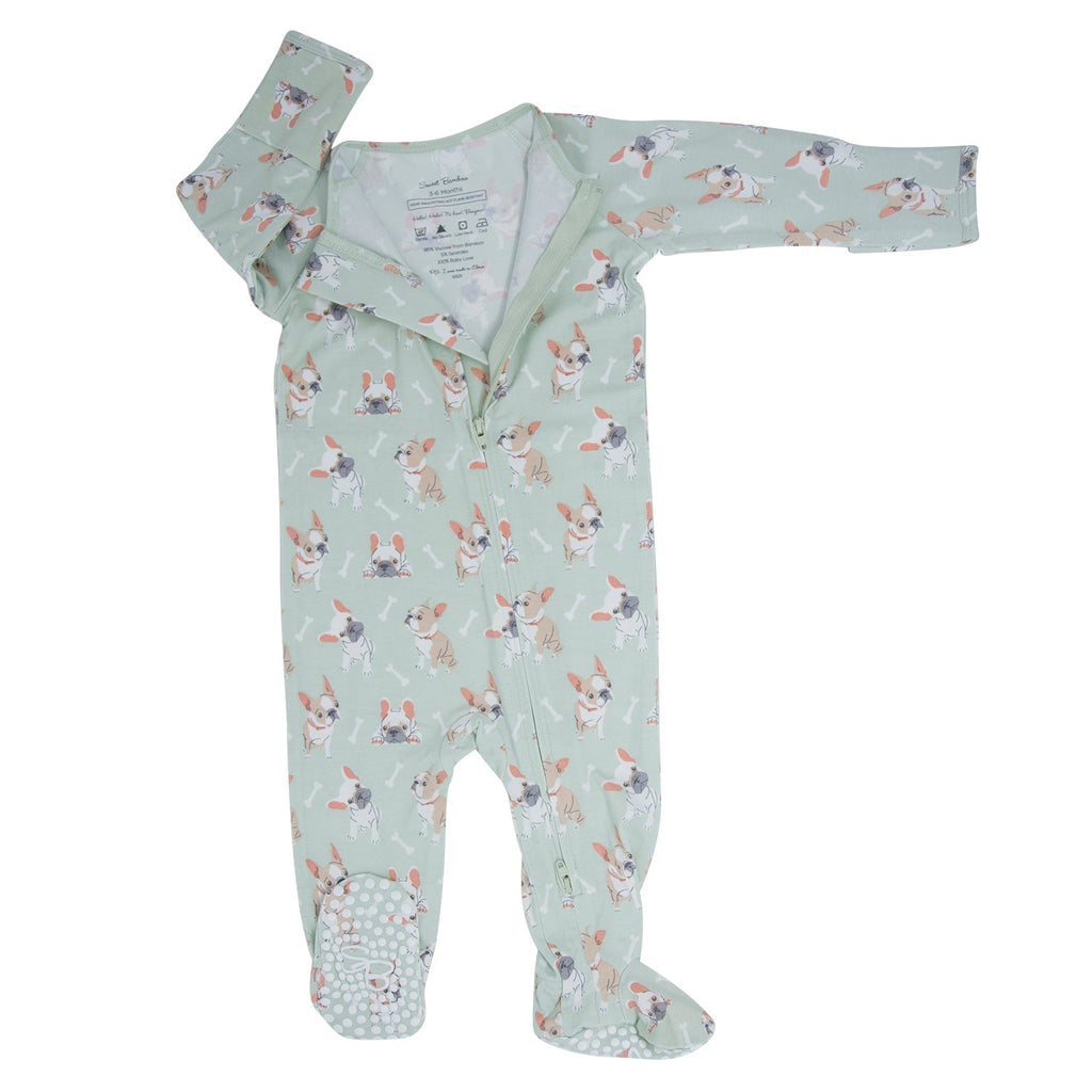 Mint baby zipper footie pajama, long sleeves, cartoon Frenchie dog print