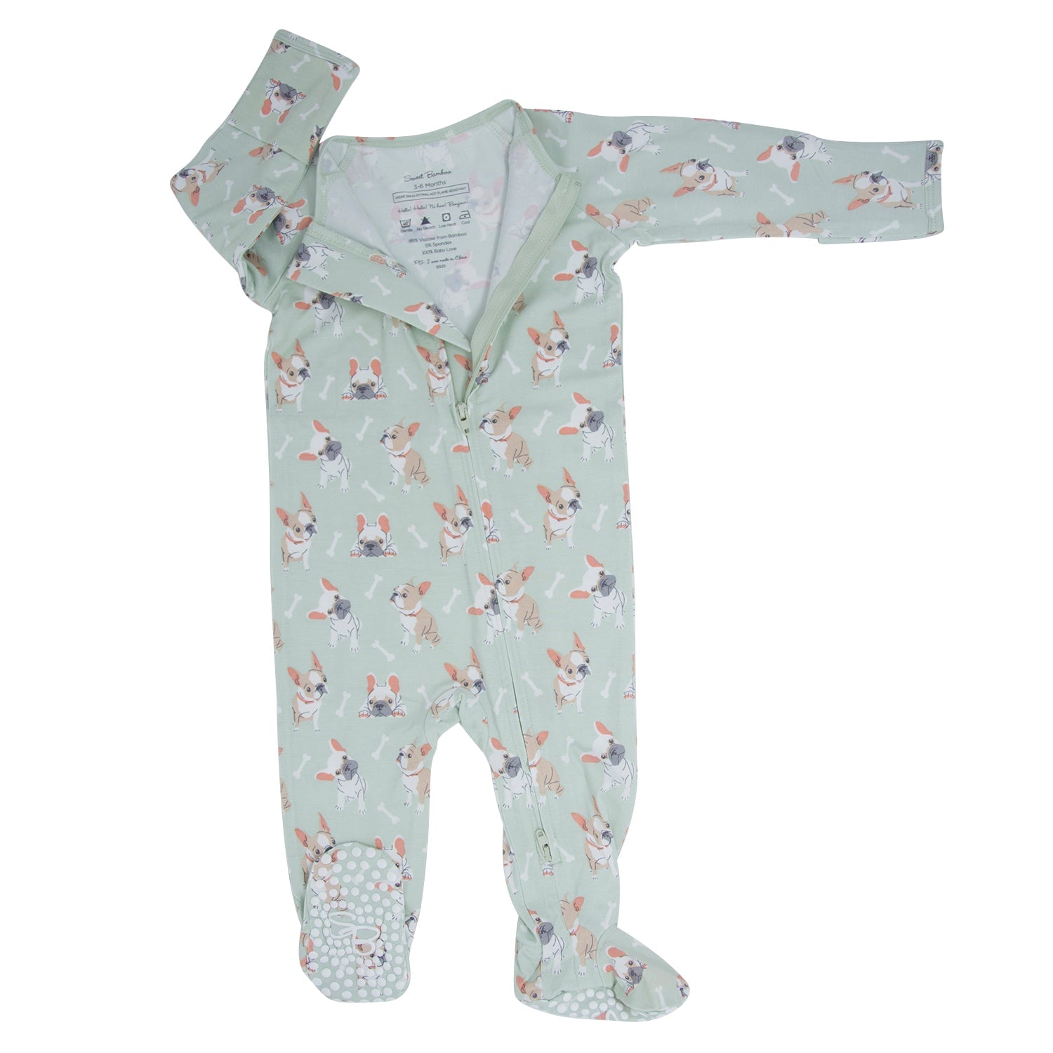 Mint baby zipper footie pajama, long sleeves, cartoon Frenchie dog print