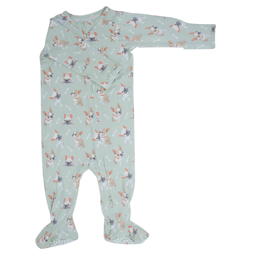 Mint baby zipper footie pajama with long sleeves, allover Frenchie dog pattern