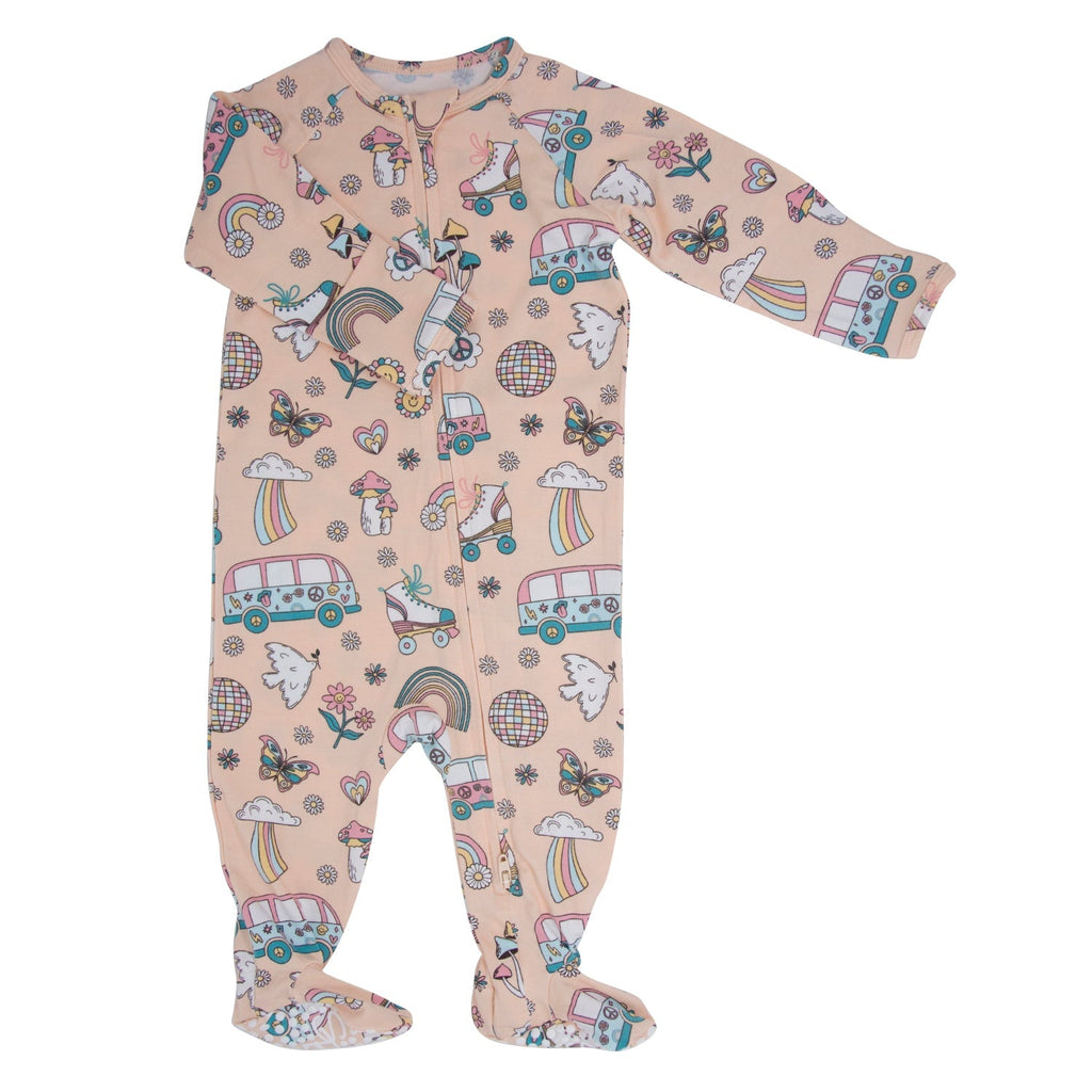 Pink kids roller skate print zipper footie with long sleeves and covered feet