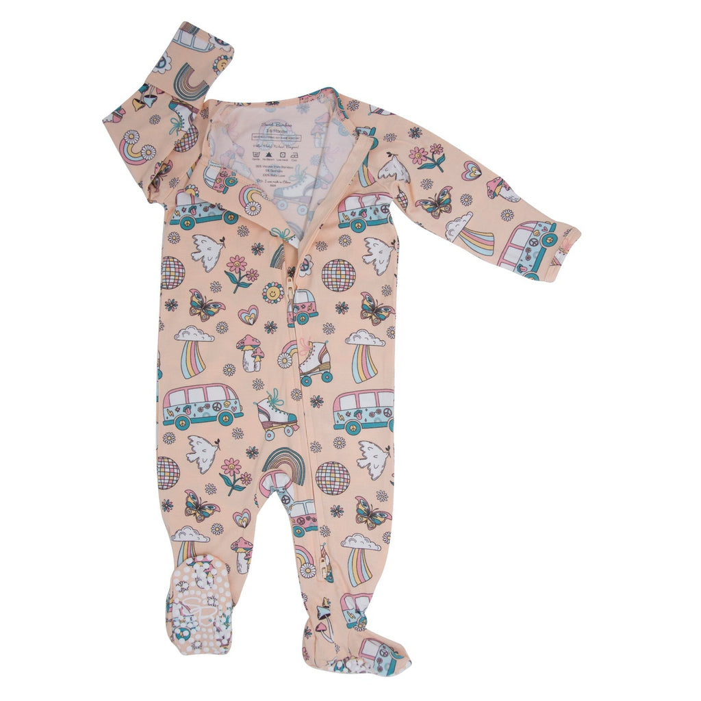 Pink roller skate print zipper footie with long sleeves, front snaps, and footed legs