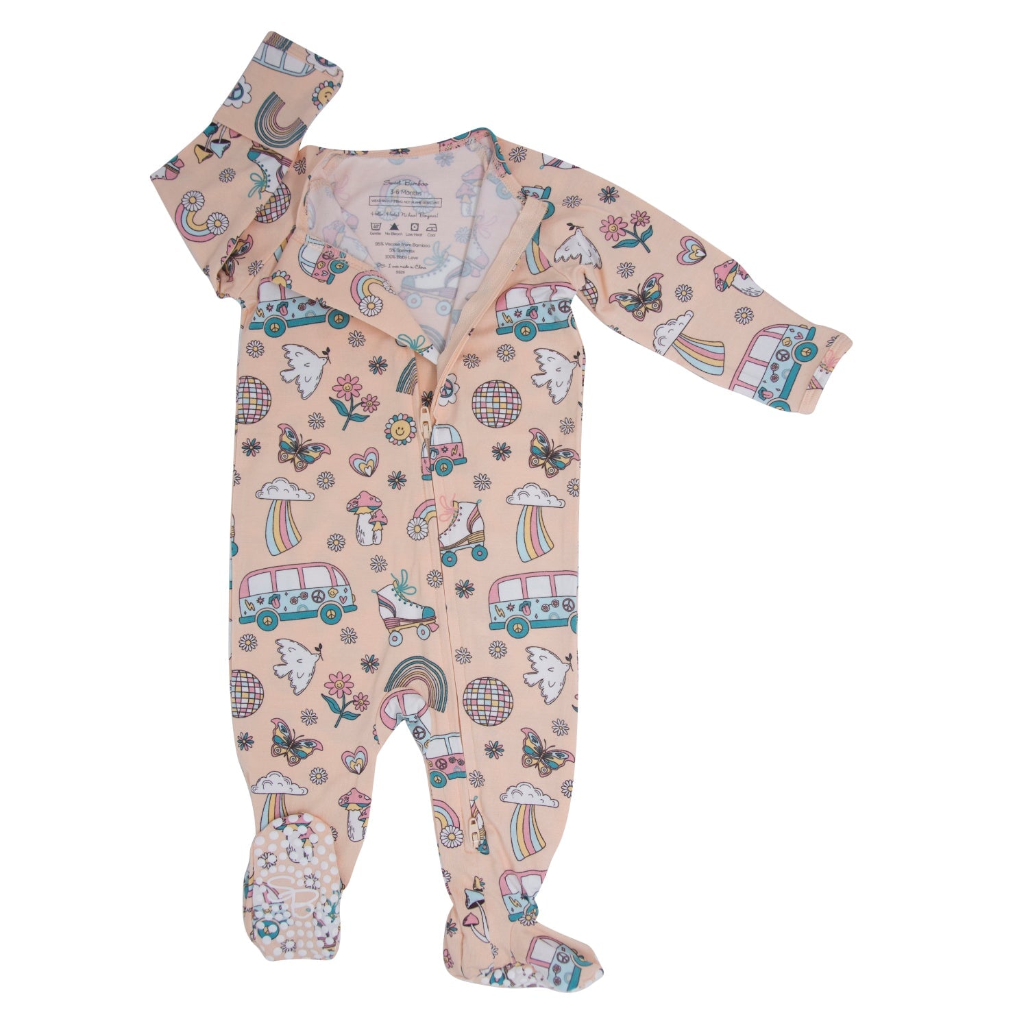 Pink roller skate print zipper footie with long sleeves, front snaps, and footed legs