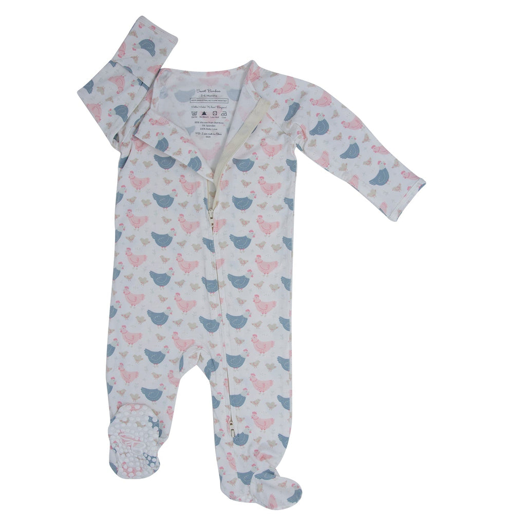 Light pink hens bamboo zip-front footie, full-body print, fold-over collar and feet