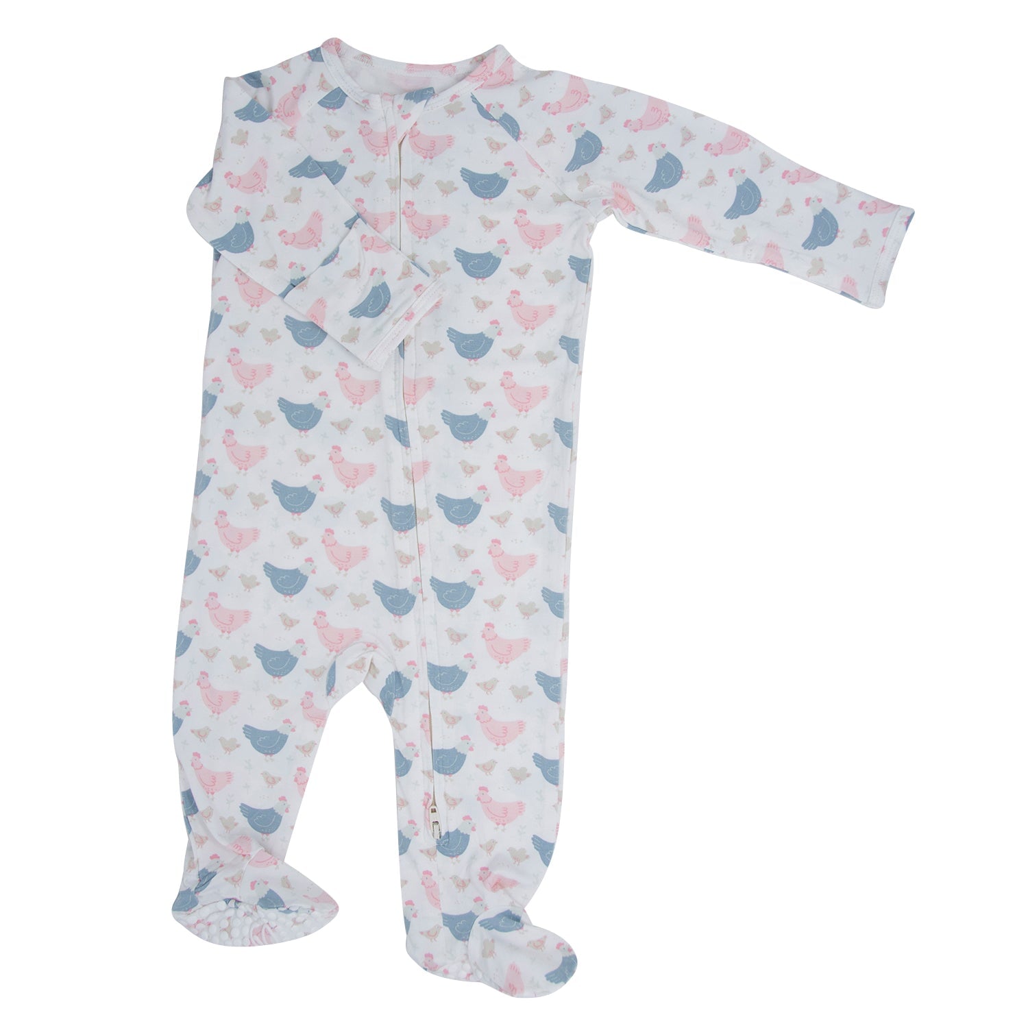 Light pink hens bamboo zip-front footie with long sleeves and footed cuffs
