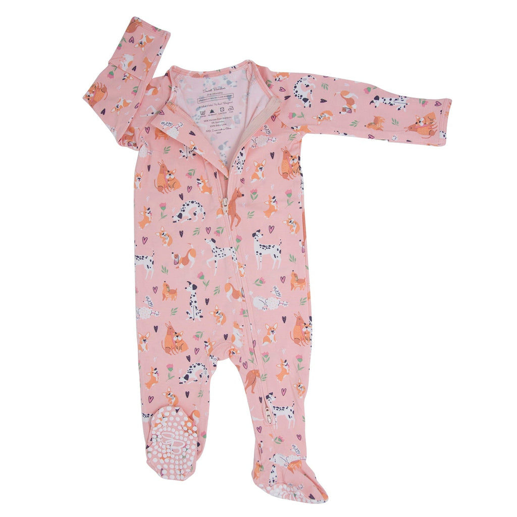 Pink animal-print zipper footie, front zipper, long sleeves, footed legs