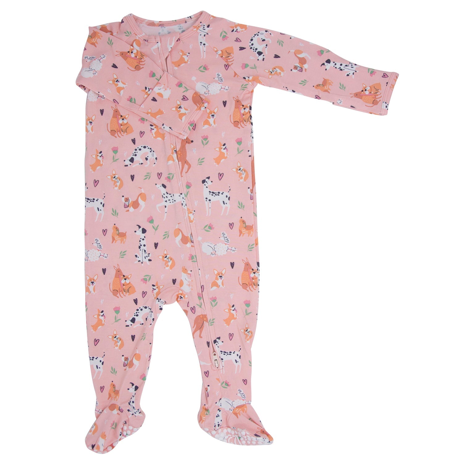 Pink animal-print zipper footie with long sleeves and footed legs