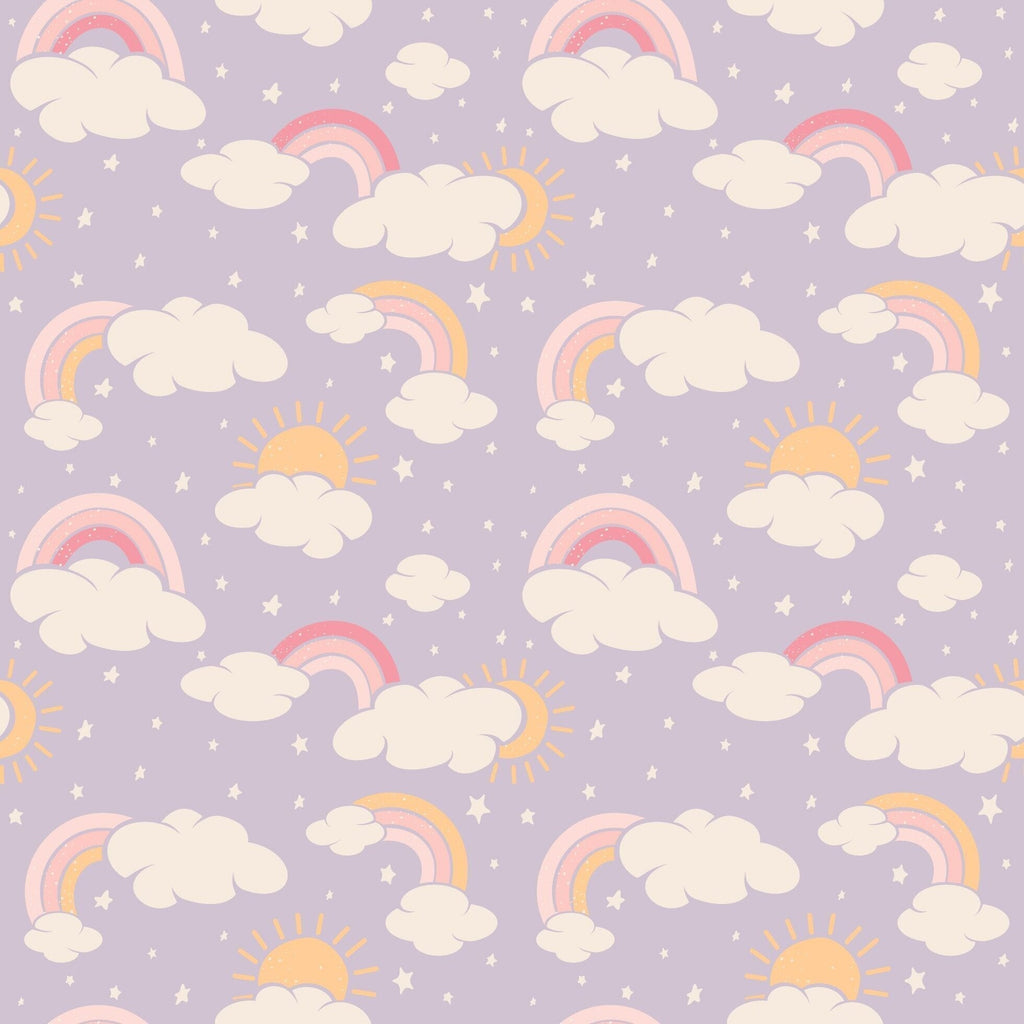 Lavender fabric with repeating clouds, rainbows, and stars pattern
