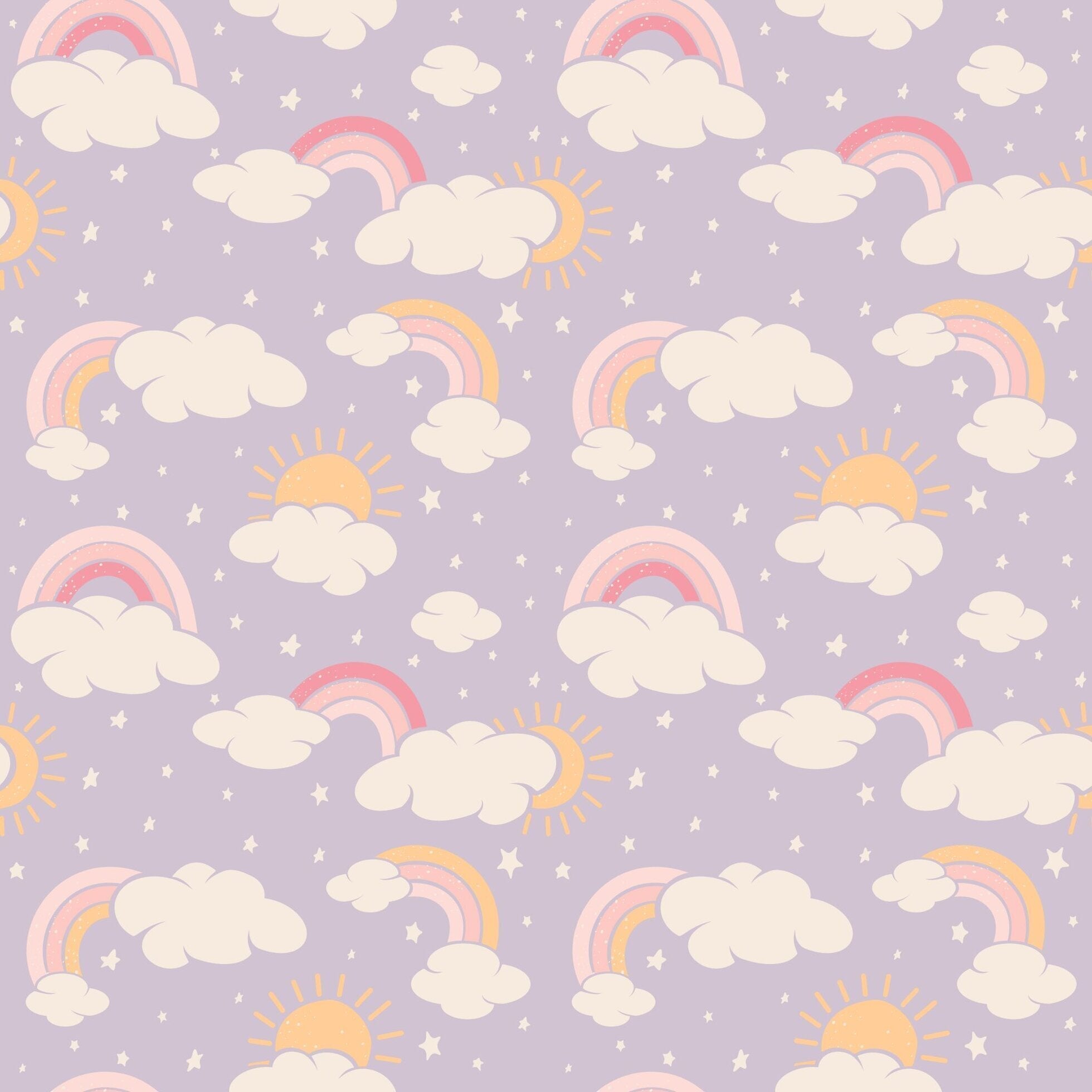 Lavender fabric with repeating clouds, rainbows, and stars pattern