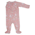 Pink bunny floral footie with long sleeves, front zipper, and footed pant legs