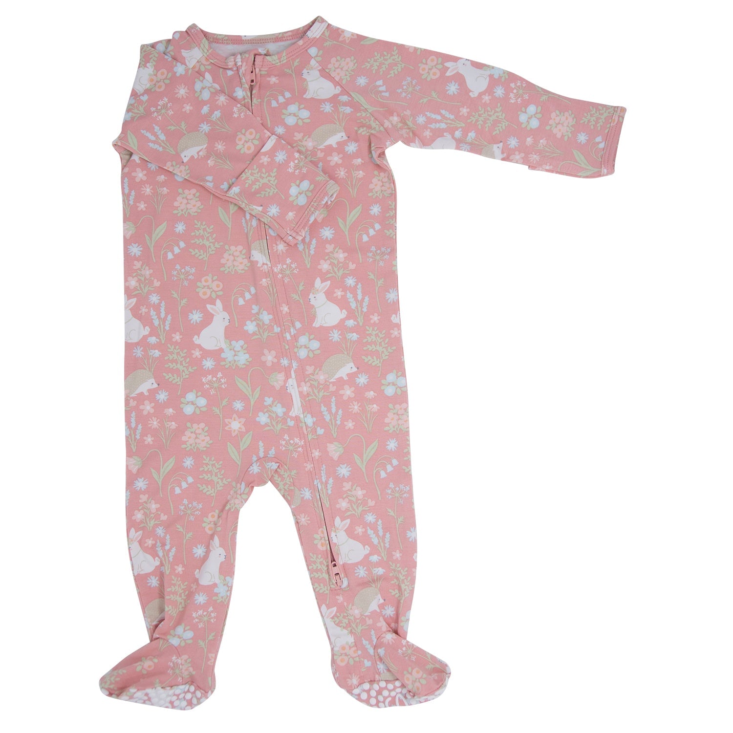 Pink bunny floral footie with long sleeves, front zipper, and footed pant legs