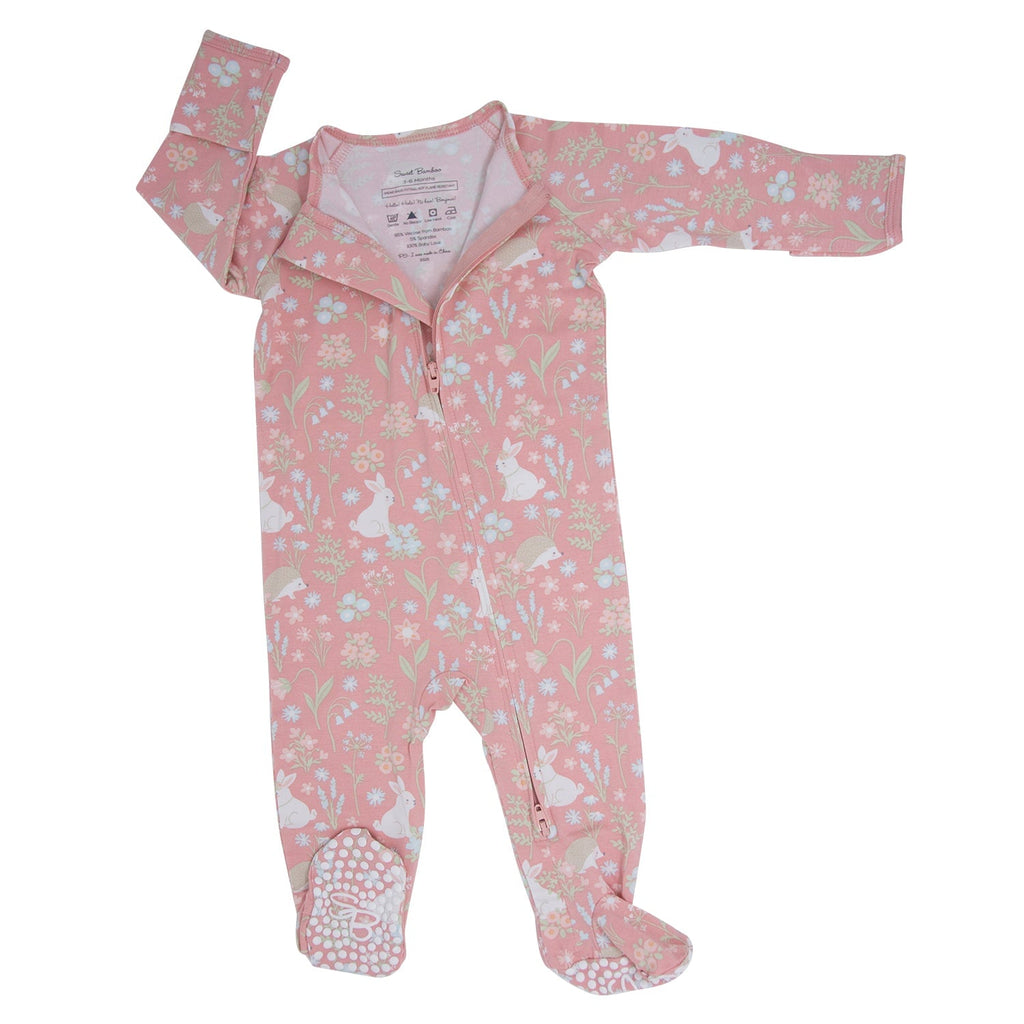 Pink bunny floral footie with long sleeves, front zipper, and cuffed footed legs