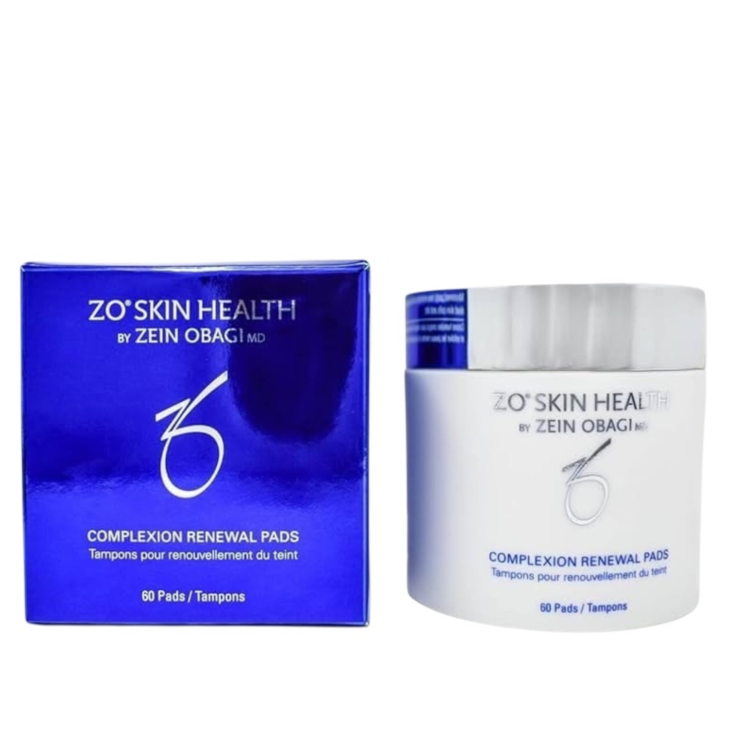 ZO Skin Health complexion renewal pads box and plastic jar, 60 pads
